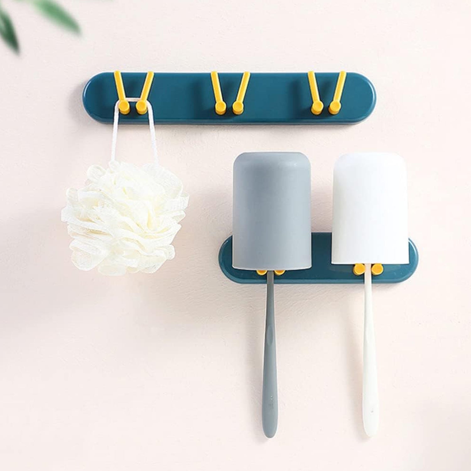 Bathroom shelf and hook organizer for toothbrushes and other essentials. Bathroom shelf and hook organizer for toothbrushes and other essentials.